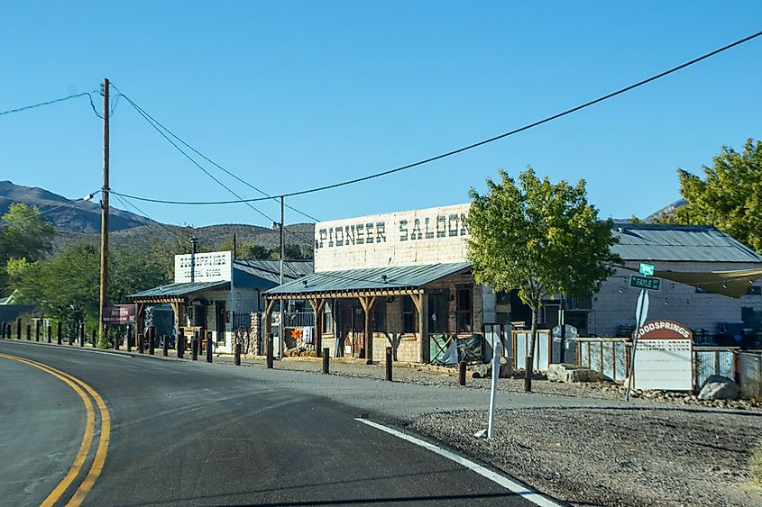 The historic Pioneer Saloon in Goodsprings, Nevada, featuring its classic wooden facade, vintage signage, and rustic charm