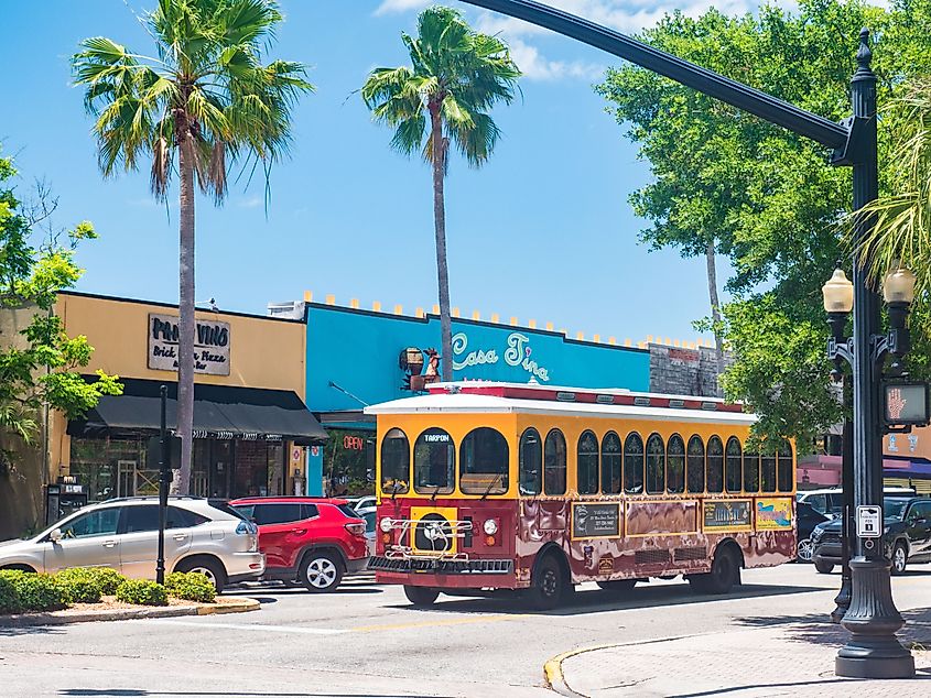 Trolley bus for tourists in Dunedin, Florida.