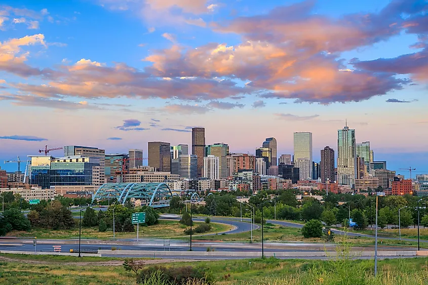 Panorama of Denver, Colorado skyline at twilight.