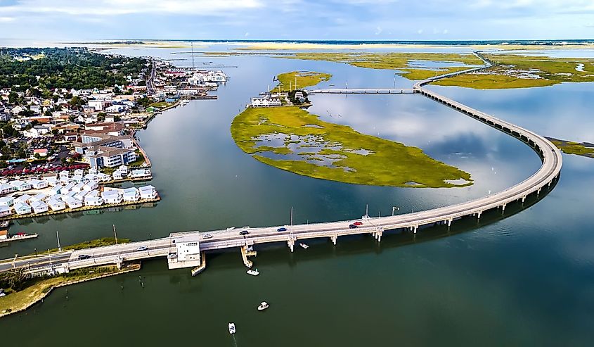 Aerial view of the Long Bridge to Chincoteague Island in Virginia. Reserve with a wide variety of birds and wild horses.