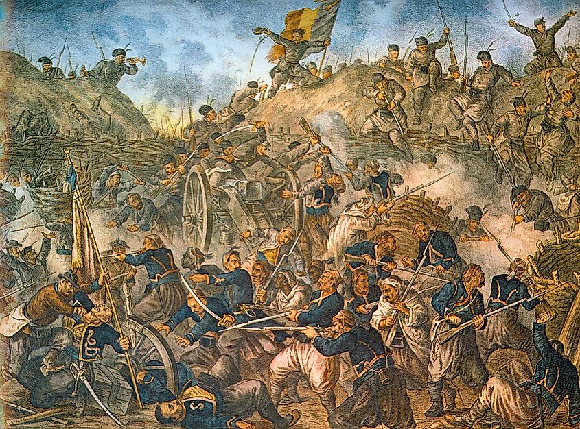 Ottoman troops under Romanian attack at the Siege of Plevna (1877) in the Russo-Turkish War (1877-78)