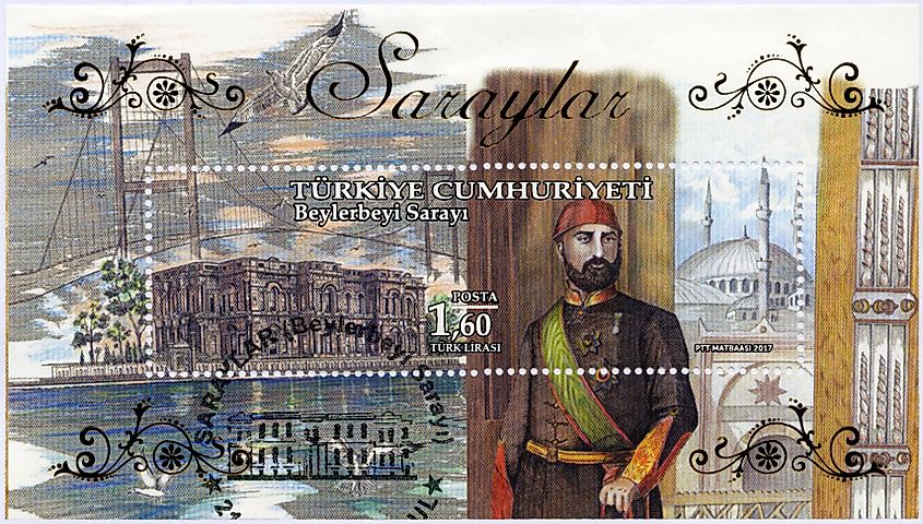 A stamp printed in Turkey shows Beylerbeyi Palace and Abdulhamid Abdul Hamid II,