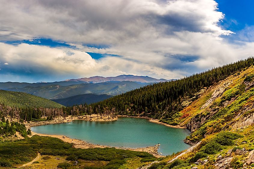 A summer view of St. Mary's Lake from St. Mary's Glacier in Idaho Springs, Colorado.