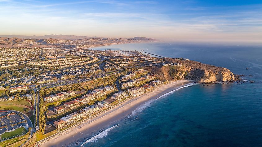 Aerial view of the California coast and ocean in Dana Point, Orange County