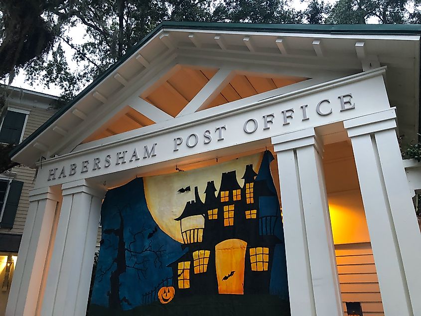 Halloween decorations on the Habersham Post Office in Beaufort, South Carolina.