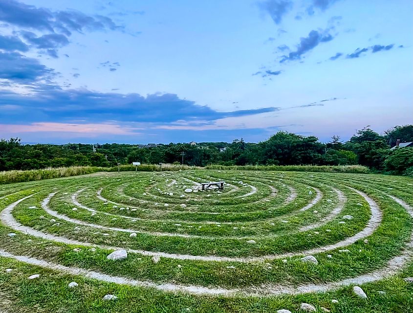 The Sacred Labyrinth on Block Island during sunset.