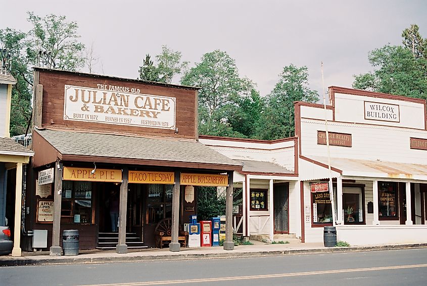 Film Image of the Historic Downtown City of Julian featuring the Julian Cafe & Bakery, famous for it's apple pies, and the Wilcox Building. Editorial credit: Lyonstock / Shutterstock.com