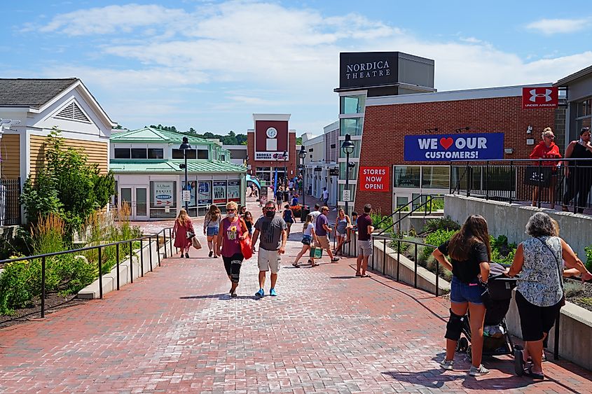 View of downtown Freeport, Maine, a popular shopping destination filled with outlet stores from famous fashion brands. 