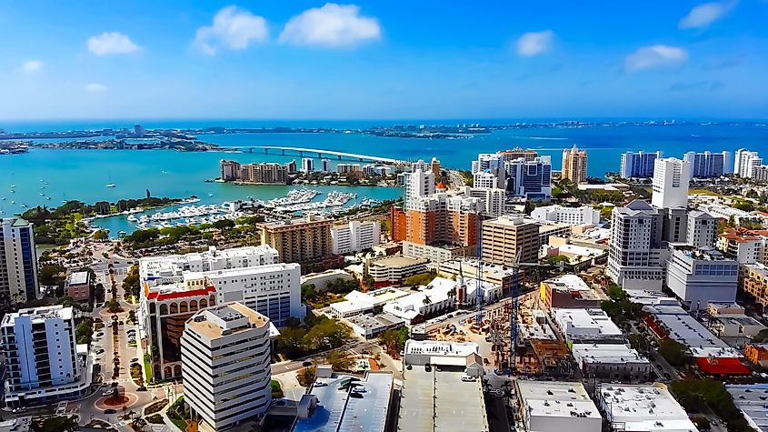 Stunning panoramic aerial view of downtown Sarasota, John Ringling Causeway, Sarasota Bay, Lido Key and Longboat Key