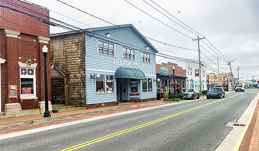 Historic downtown street in Chincoteague, Virginia.