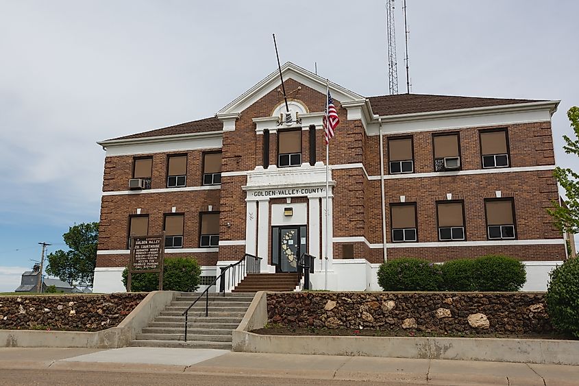 The Golden Valley County courthouse, a historic brick building in Beach, North Dakota, USA.