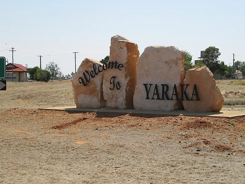 Welcome to Yaraka sign, on the western side of the town.