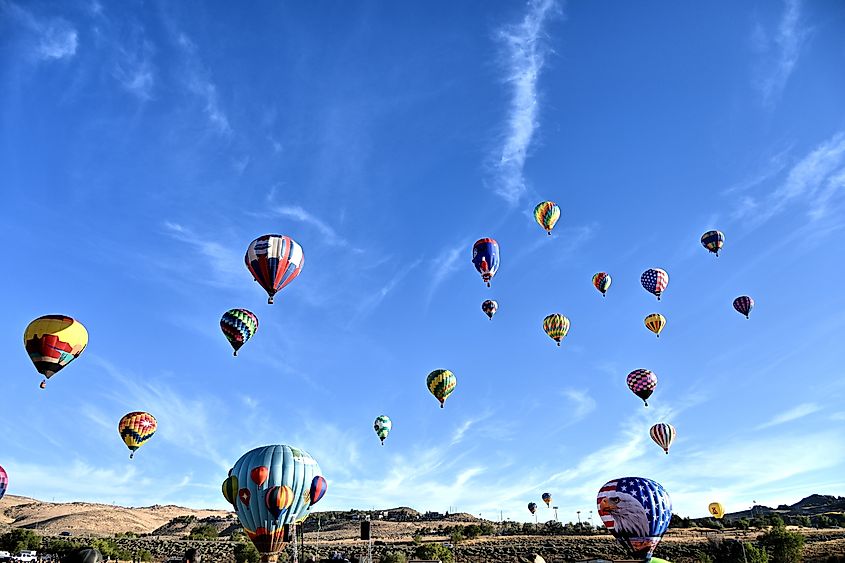 Hot air balloons float above Reno, Nevada