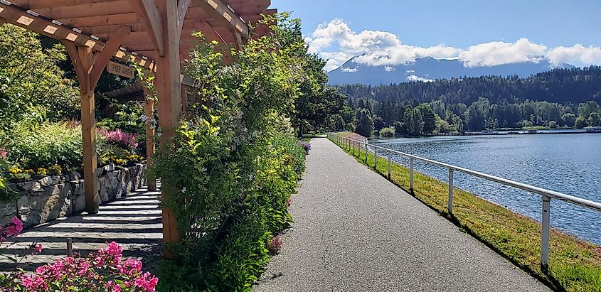 View of sidewalk with lake on the right in Nakusp, British Columbia.