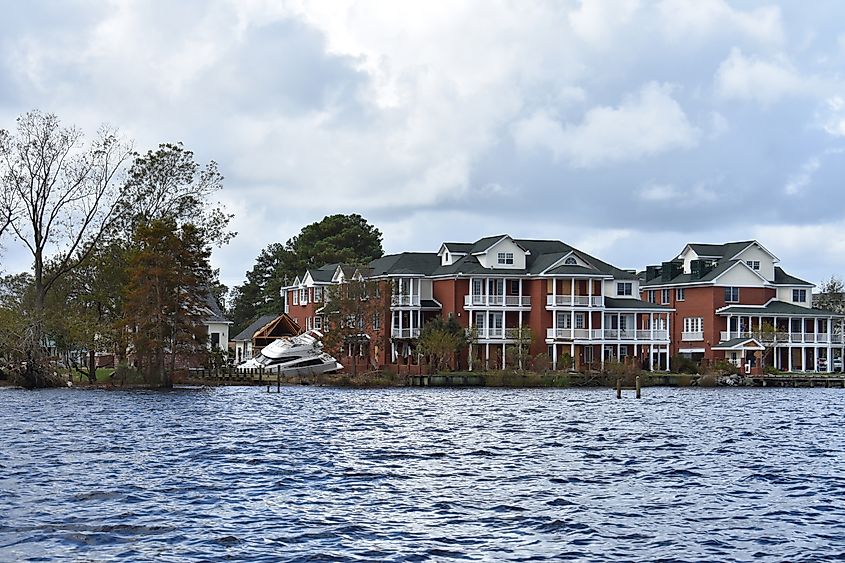 Waterfront homes along the coast in New Bern, North Carolina.