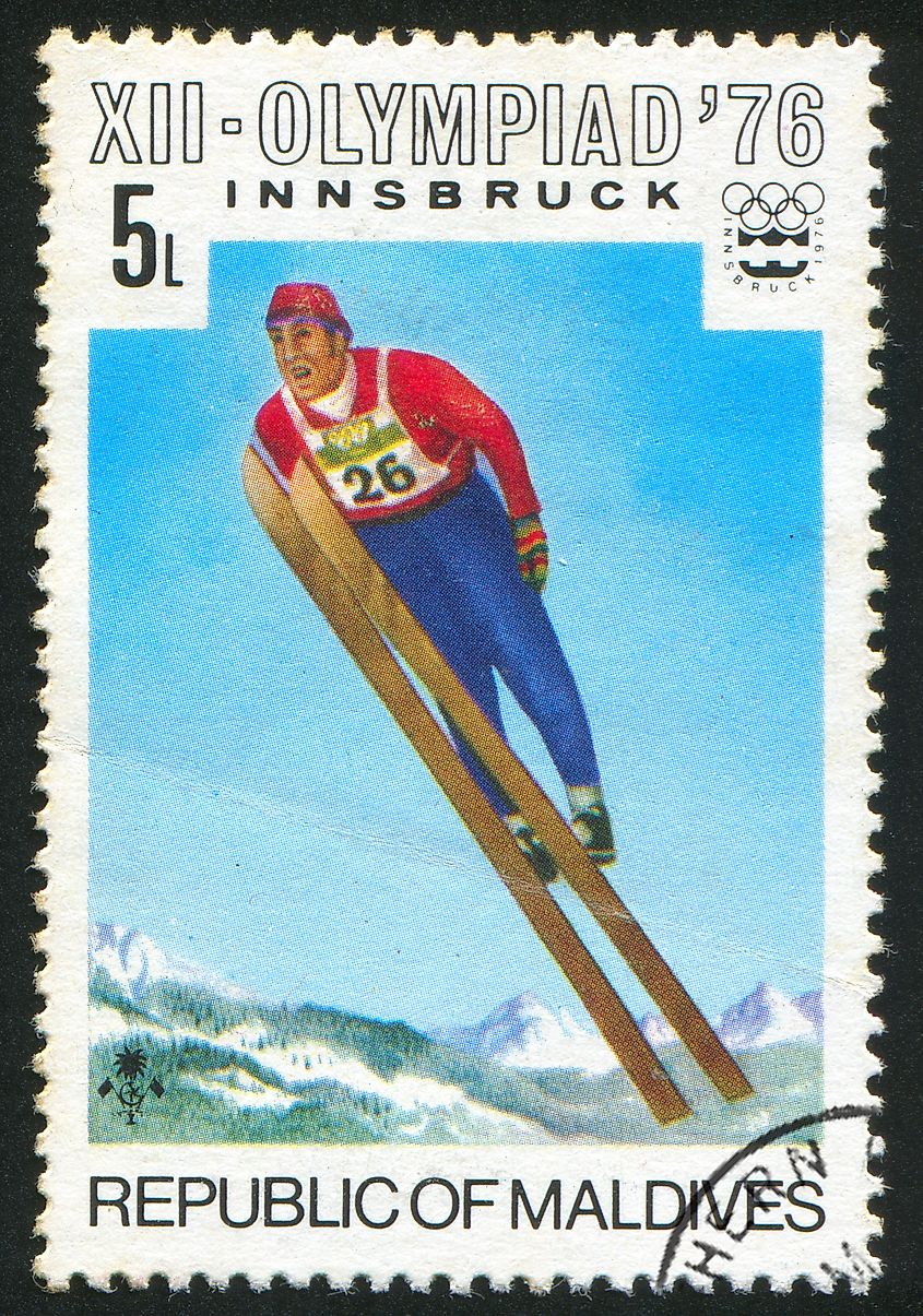 Stamp commemorating the participation of the Maldives in the 1976 Winter Olympics