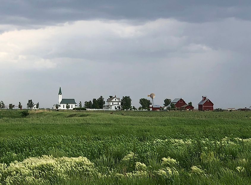 Stormy day in York, Nebraska, with dark clouds gathering overhead.