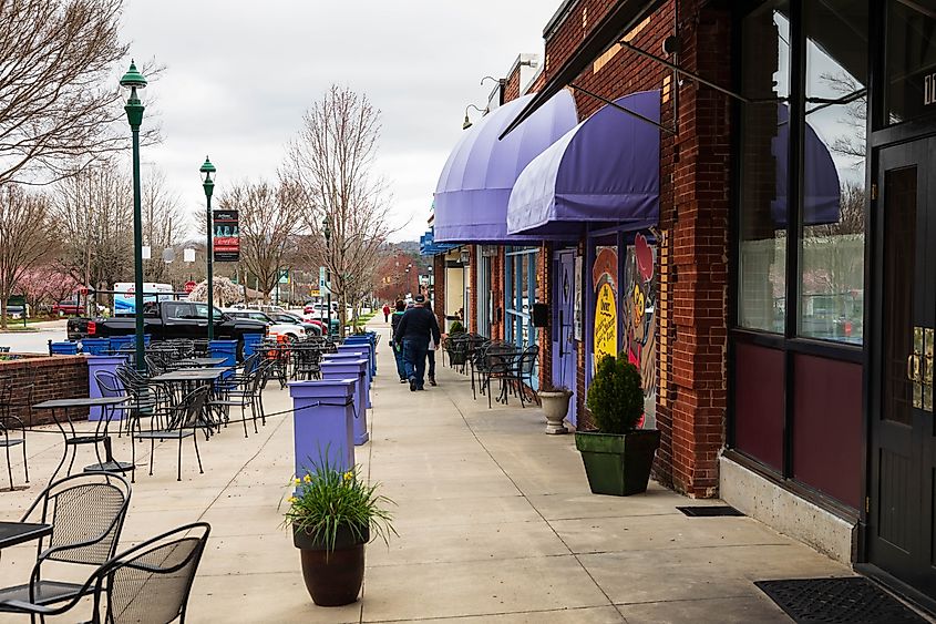 Street in Hendersonville on an early spring day, with stores and eateries open for business.
