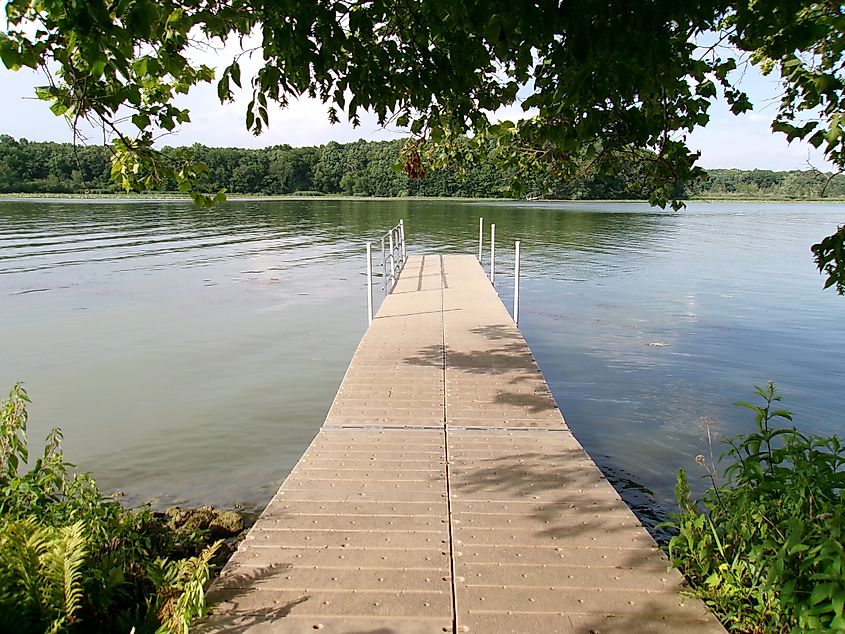 A dock on Sylvan Lake in Rome City, Indiana.