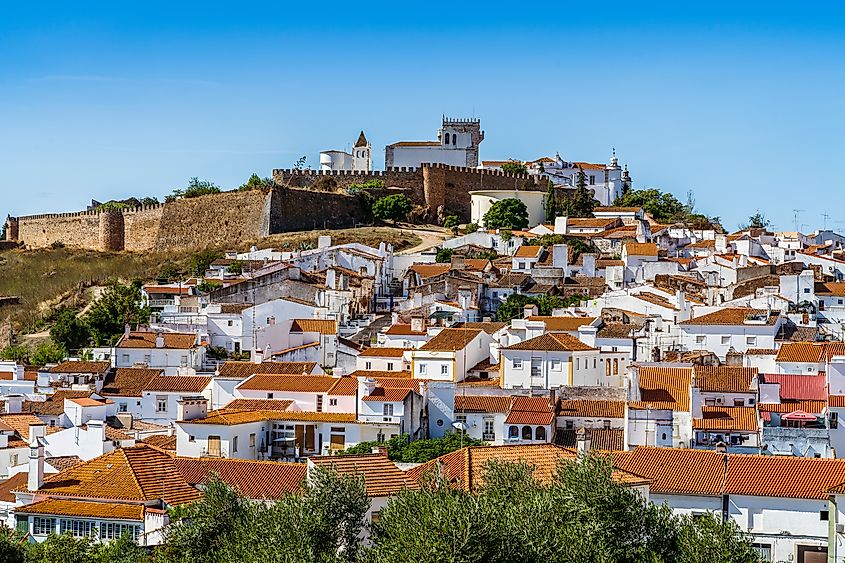 The town of Estremoz, in Antelejo, Portugal, with the Castle of Estremoz at the hilltop.