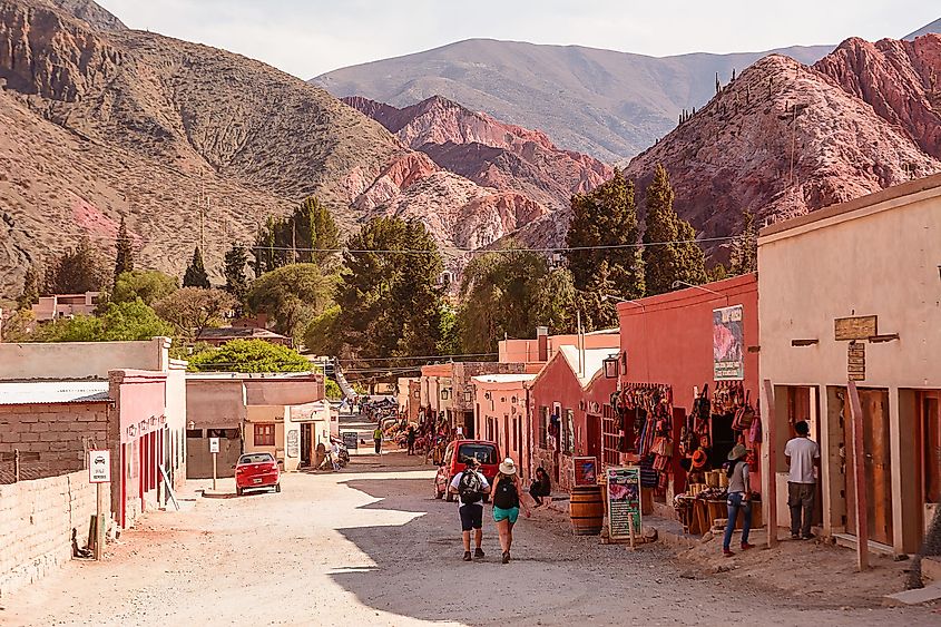 A street with fabric shops in Purmamarca, Argentina