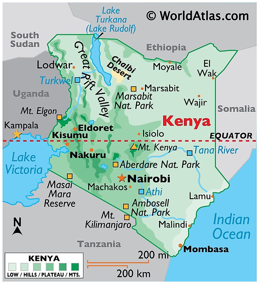 Fysisk kort over Kenya med angivelse af statsgrænser, relief, større floder og søer, Mount Kenya, Great Rift Valley, større byer og nationalparker.