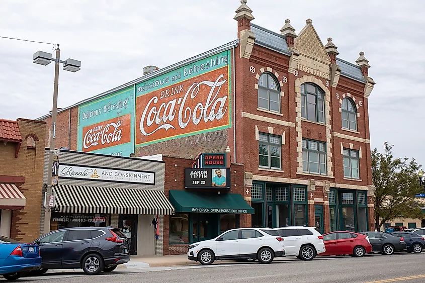 Exterior of a historic opera house with beautiful brickwork in McPherson, Kansas