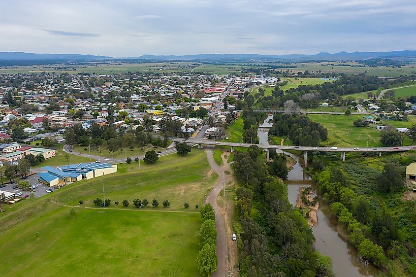 Aerial view of the township of Singleton in the Hunter Valley in regional New South Wales in Australia