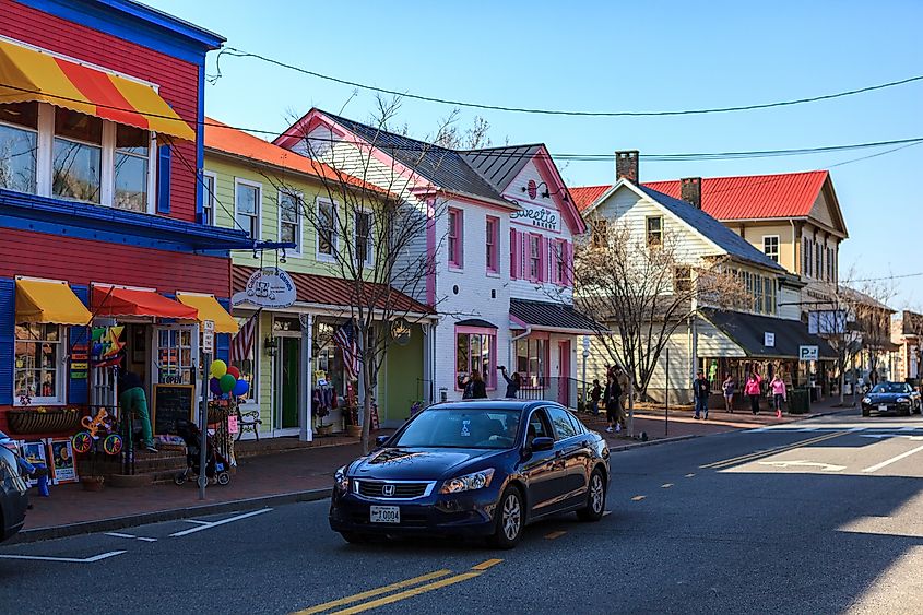 Shops and stores along the main street of St. Michaels, Maryland, USA. Editorial credit: George Sheldon / Shutterstock.com