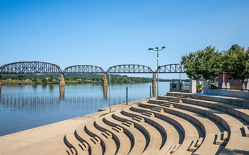 Riverfront amphitheater with the Point Pleasant-Kanauga Railroad Bridge over the Ohio River in Point Pleasant, West Virginia