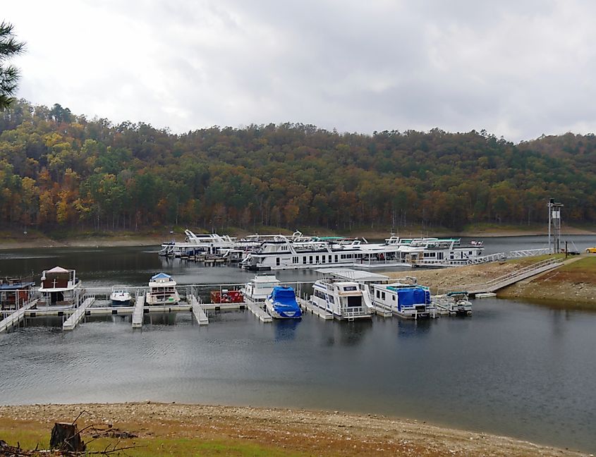Boats and yachts docked at the Beavers Bend State Park marina in Broken Bow, Oklahoma