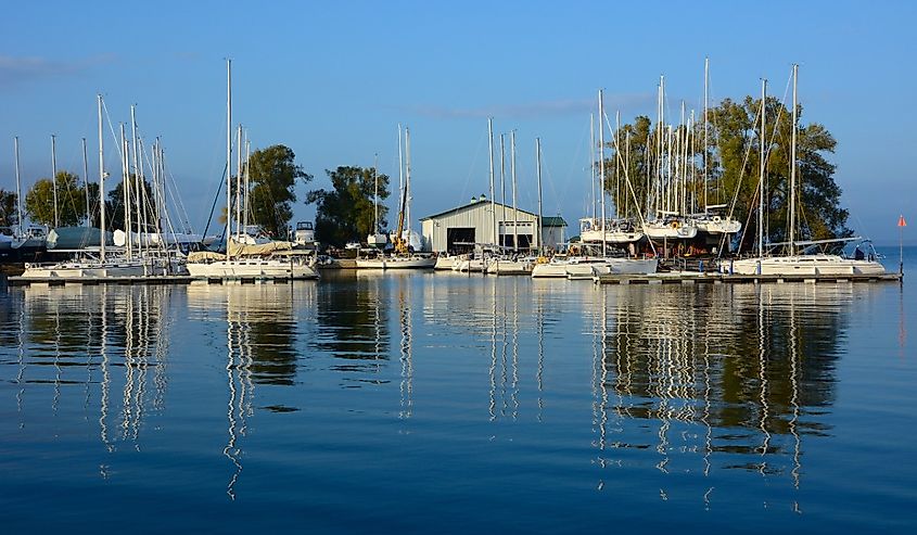 Marina at Sackets Harbor in New York state with blue sky