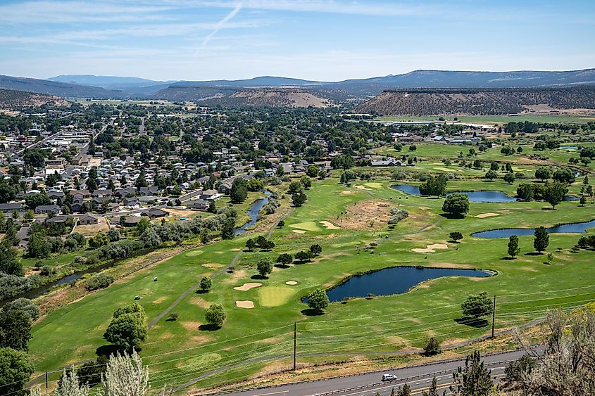 Beautiful cityscape and golf course aerial overlook of Prineville from Ochoco State Scenic Viewpoint.