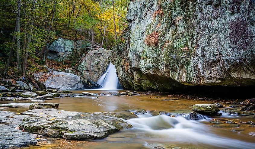 Early autumn color and Kilgore Falls, at Rocks State Park, Maryland.