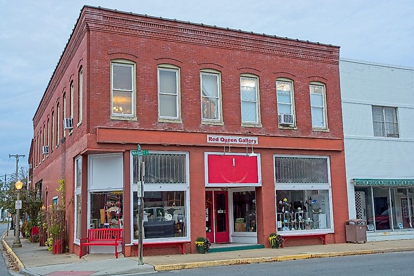 Red brick early 20th century store front on Market street, Onancock, Virginia.