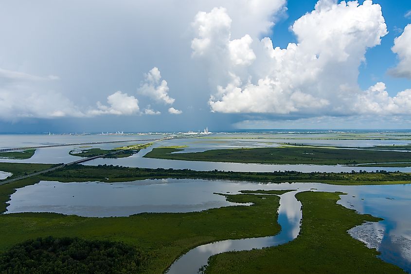 Aerial view of Mobile Bay and the Alabama Gulf Coast in Spanish Fort, Alabama
