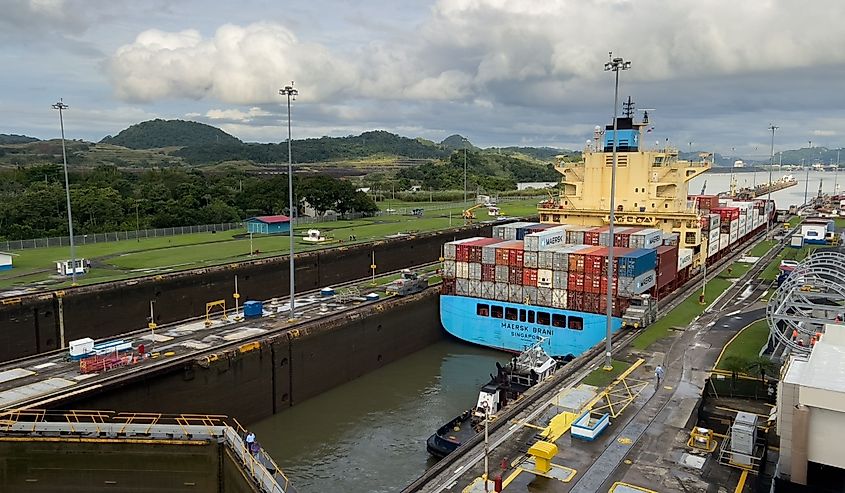 Container ship passing through the Miraflores Locks of the Panama Canal