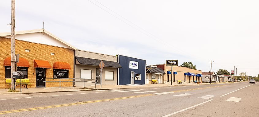 Businesses along main street in Hulbert, Oklahoma.