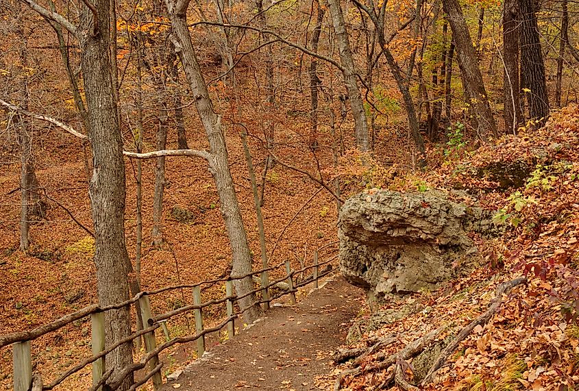 Hiking path to burial mounds in Effigy Mounds National Monument.