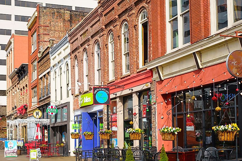 Photo of colorful restaurants, bars and businesses on Market Square in downtown Knoxville, Tennessee