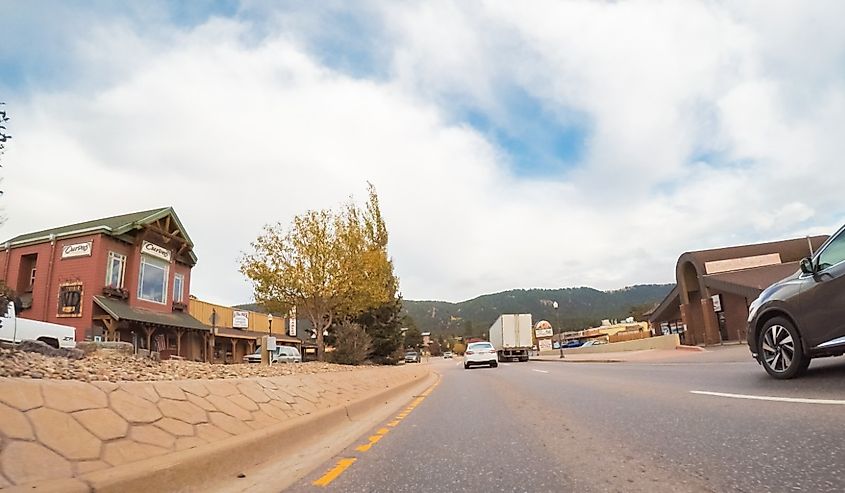 Driving through the small mountain town of Woodland Park, Colorado.