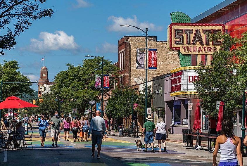 Busy Front Street in downtown Traverse City, Michigan.