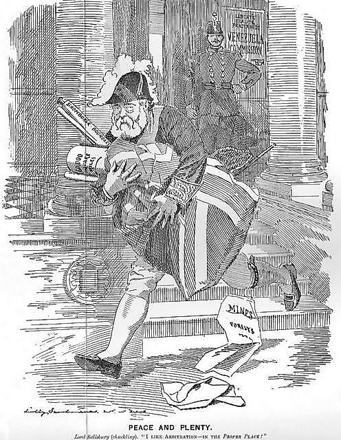 Punch cartoon from October 11, 1899, showing British Prime Minister Lord Salisbury joking, 'I like arbitration in the proper place,' shortly after the Paris tribunal issued its award in the British Guiana-Venezuela boundary dispute.