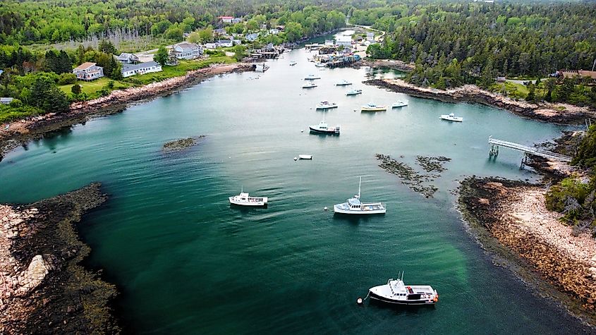 Lobster boats docked at Winter Harbor, Maine, near Schoodic Point.