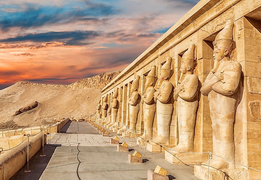 The northern colonnaded facade of the Mortuary Temple of Hatshepsut in Luxor, Egypt