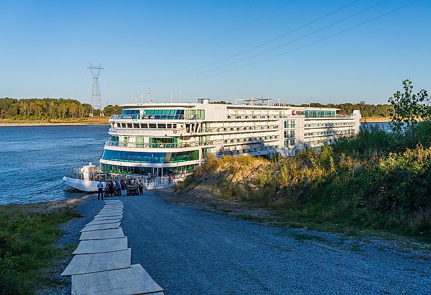 A cruise ship docked along Greenville, Mississippi.