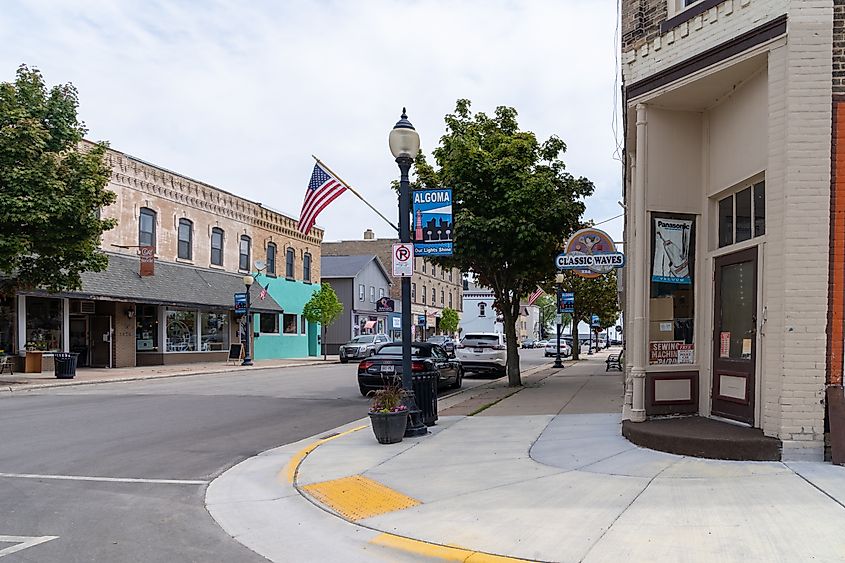 The downtown area streets with shopping and restaurants of Algoma, Wisconsin