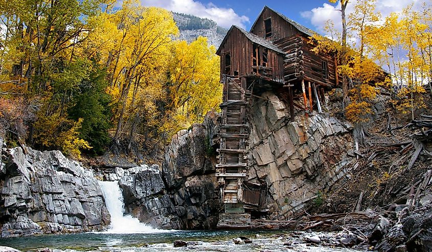 Old Crystal Mill, Colorado with the rushing river below.