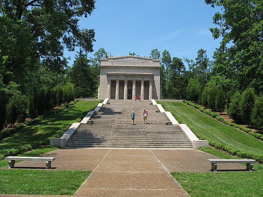 The First Lincoln Memorial in Hodgenville, Kentucky, dedicated to the 16th President, Abraham Lincoln. The memorial, constructed in 1911, enshrines a symbolic birthplace cabin, representing Lincoln's humble beginnings.