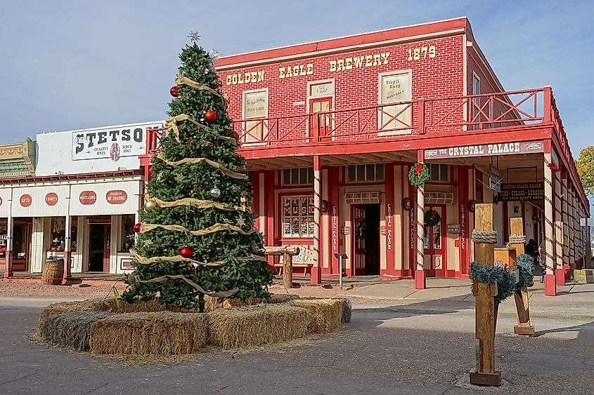 December 9, 2015 Tombstone, Arizona, USA: Christmas tree set up on the main street of the historic western town founded in 1879